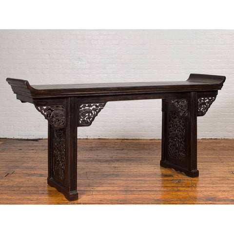 Antique Chinese Ming Style Altar Table with Carved Apron and Black Patina-YN6656-3. Asian & Chinese Furniture, Art, Antiques, Vintage Home Décor for sale at FEA Home