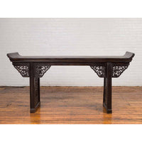 Antique Chinese Ming Style Altar Table with Carved Apron and Black Patina