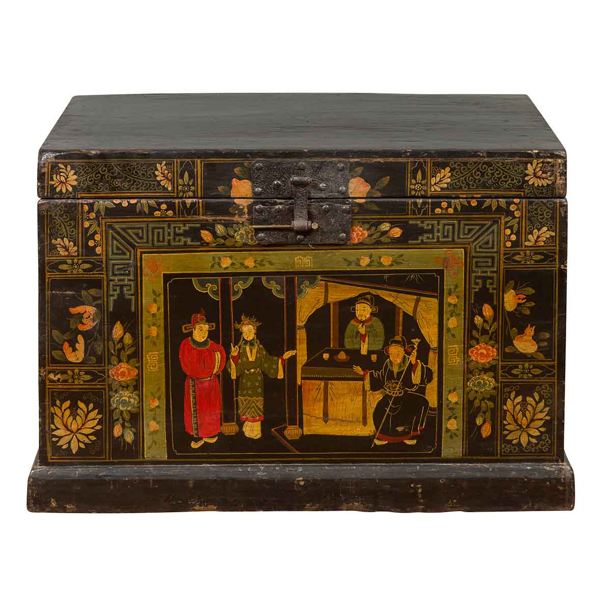 Chinese Antique Black Lacquered Dowry Chest with Polychrome Ceremonial Figures-1. Asian & Chinese Furniture, Art, Antiques, Vintage Home Décor for sale at FEA Home