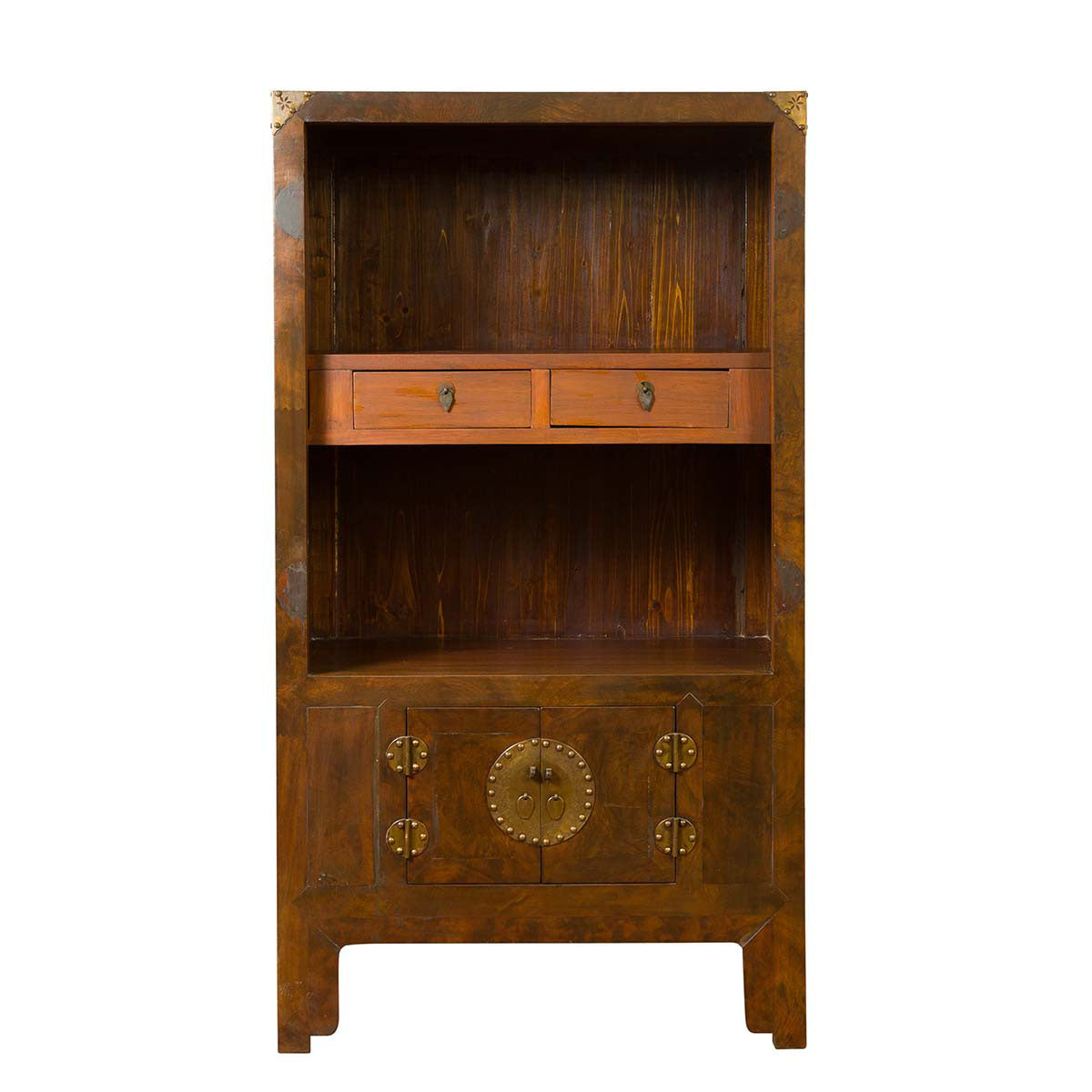 Chinese 19th Century Elmwood Bookcase with Doors, Drawers and Brass Hardware-1. Asian & Chinese Furniture, Art, Antiques, Vintage Home Décor for sale at FEA Home