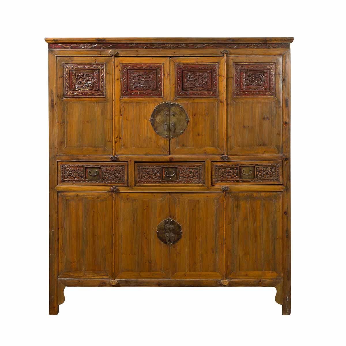 Large Chinese Qing Elm Armoire with Carved Motifs and Red Lacquered Accents-1. Asian & Chinese Furniture, Art, Antiques, Vintage Home Décor for sale at FEA Home