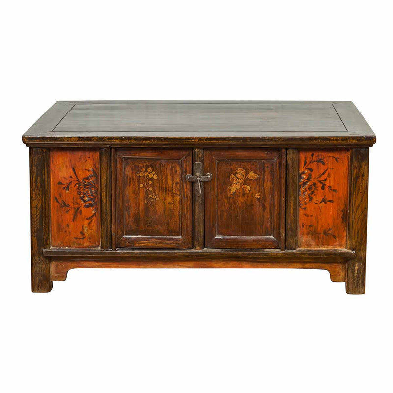 Chinese Qing 19th Century Coffee Table with Storage and Painted Floral Decor-YN6661-1. Asian & Chinese Furniture, Art, Antiques, Vintage Home Décor for sale at FEA Home