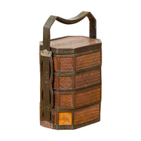 Chinese Antique Stacking Lunch Box with Lacquered Accents and Handle