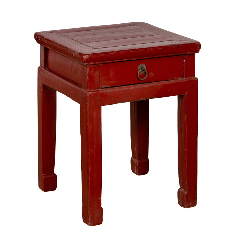 Chinese Early 20th Century Red Lacquer Stool with Drawer and Horse-Hoof Legs-YN6185-1. Asian & Chinese Furniture, Art, Antiques, Vintage Home Décor for sale at FEA Home