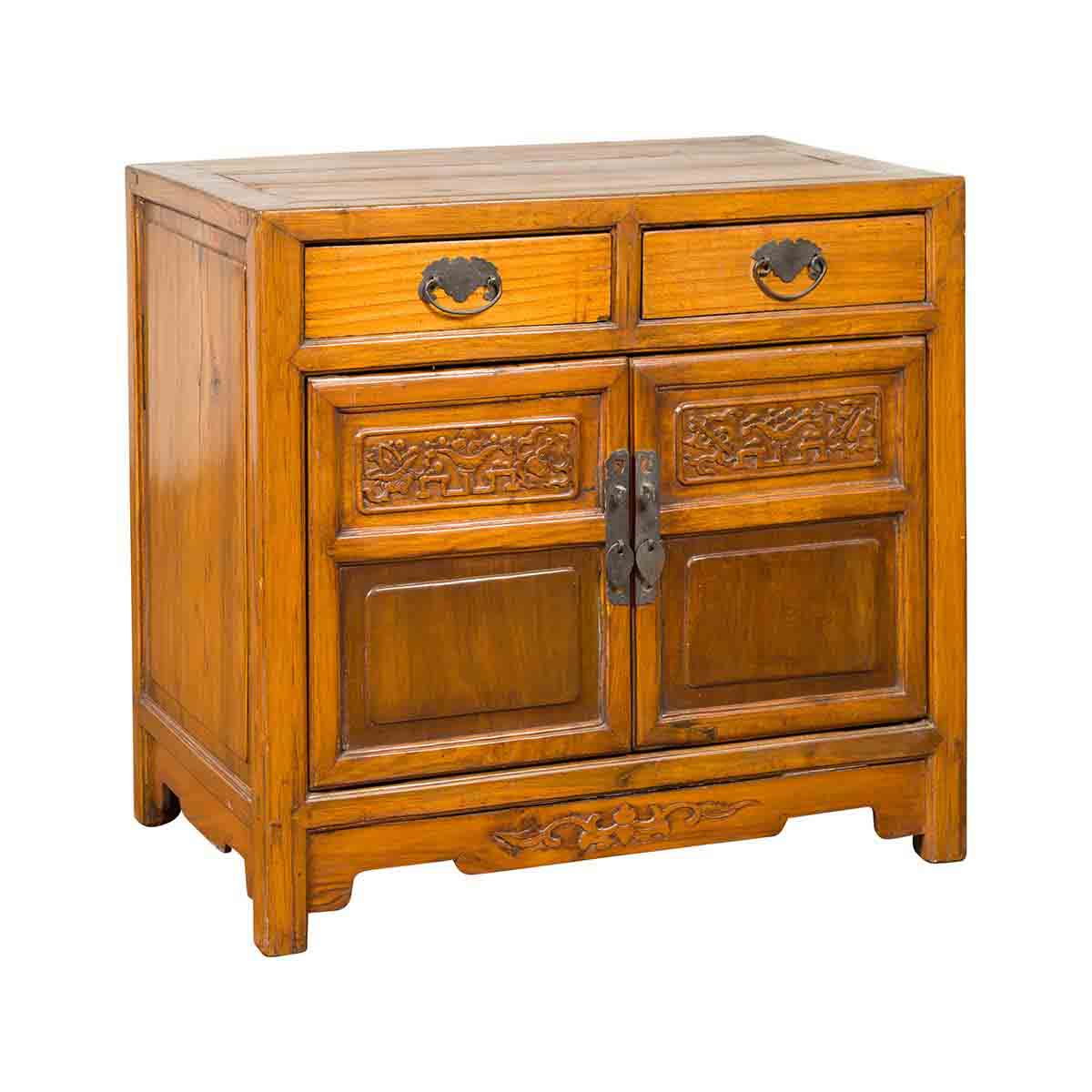 Antique Chinese Side Chest with Carved Motifs, Two Drawers and Double Doors-1. Asian & Chinese Furniture, Art, Antiques, Vintage Home Décor for sale at FEA Home