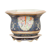 Chinese Hexagonal Planter with Hand Painted Courtyard Scenes Depicting Maidens