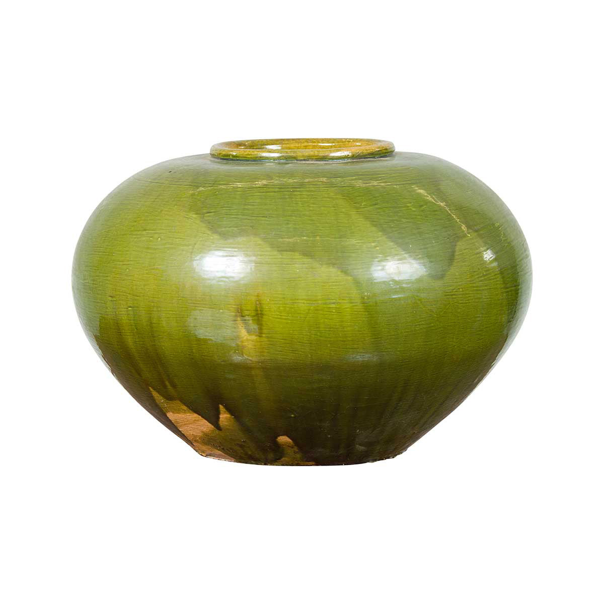 Chinese Contemporary Olive Green Circular Urn with Porcelain Glaze-1. Asian & Chinese Furniture, Art, Antiques, Vintage Home Décor for sale at FEA Home