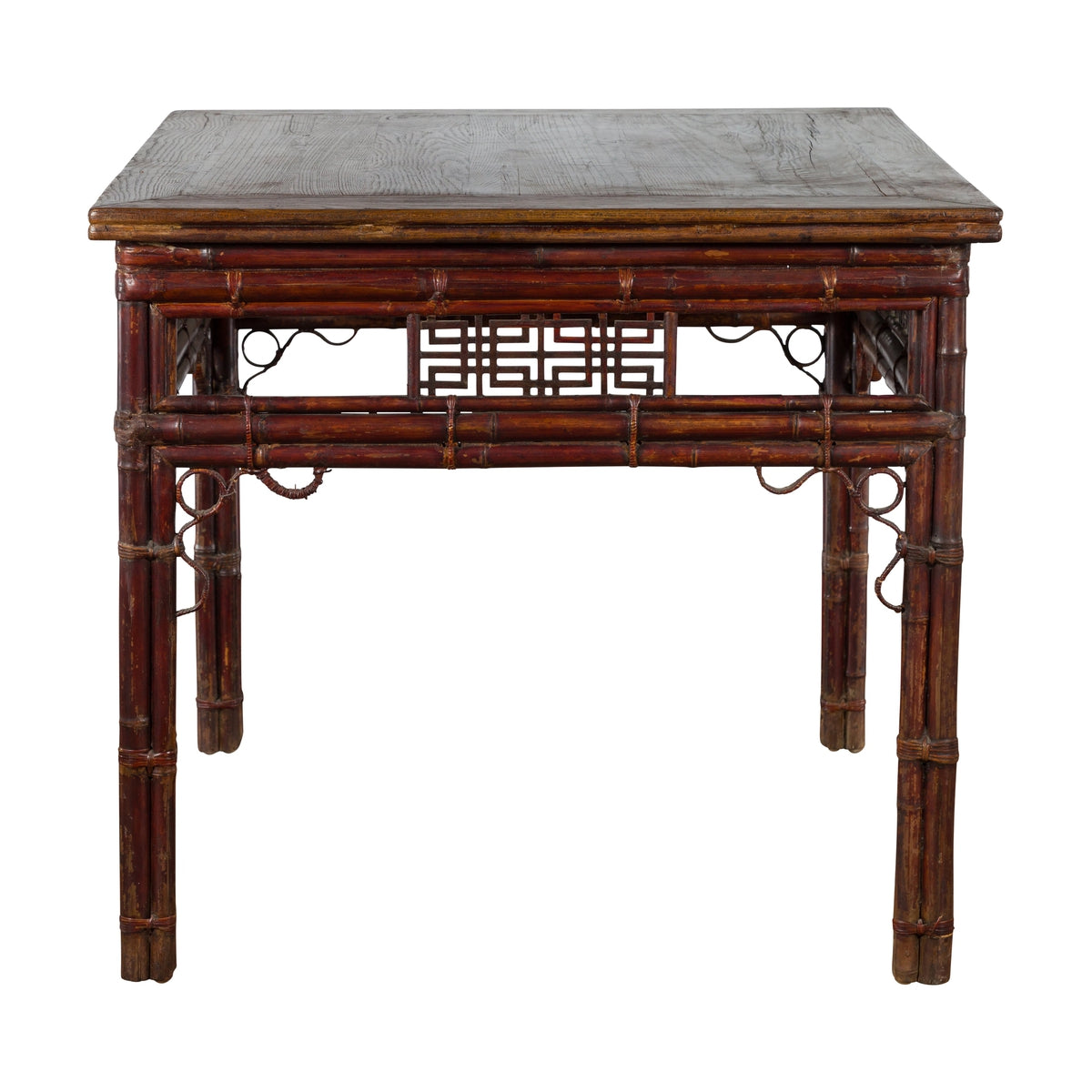 Chinese Early 20th Century Bamboo and Elm Wine Table with Rattan Looping Accents-1. Asian & Chinese Furniture, Art, Antiques, Vintage Home Décor for sale at FEA Home