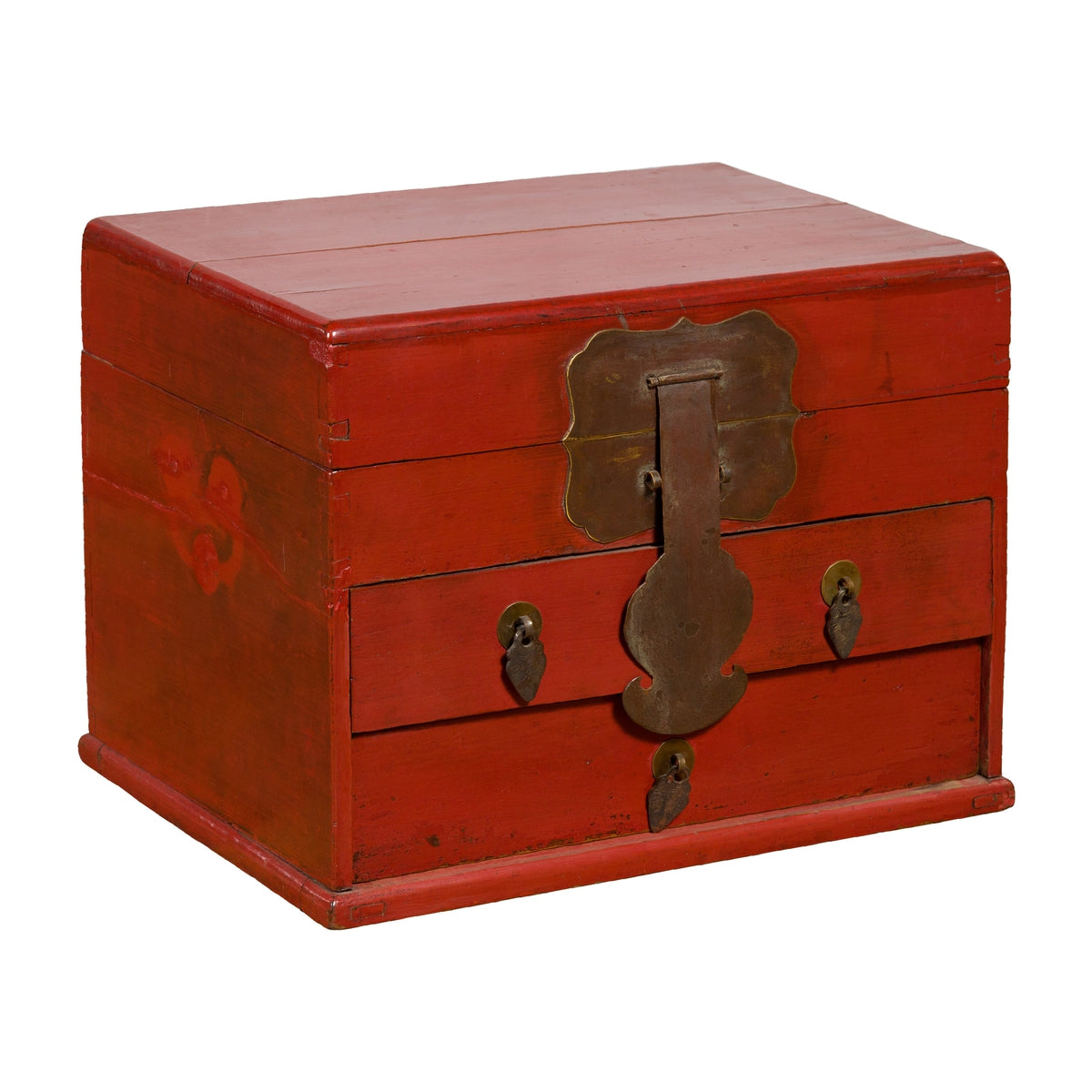 Chinese Early 20th Century Red Lacquer Jewelry Box with Bronze Hardware-1. Asian & Chinese Furniture, Art, Antiques, Vintage Home Décor for sale at FEA Home