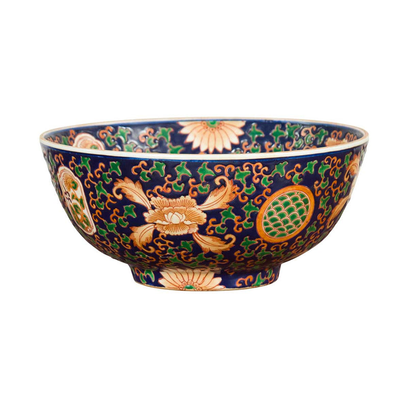 Contemporary Hand Painted Chinese Floral Decor Bowl with Cobalt Blue Ground-YN6816-1. Asian & Chinese Furniture, Art, Antiques, Vintage Home Décor for sale at FEA Home