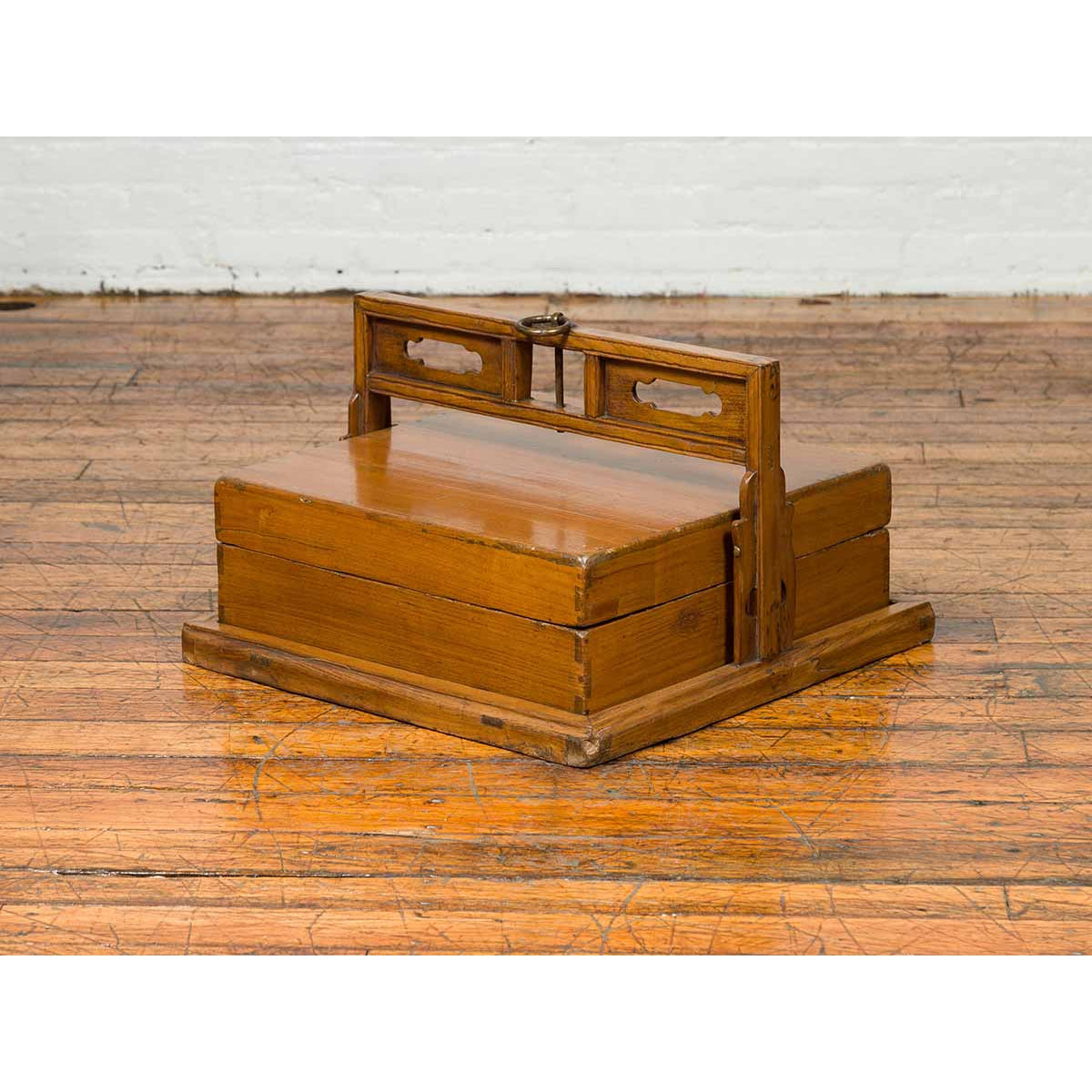 Antique Chinese Wooden Carrying Lunch Box with Pierced Handle-14. Asian &amp; Chinese Furniture, Art, Antiques, Vintage Home Décor for sale at FEA Home
