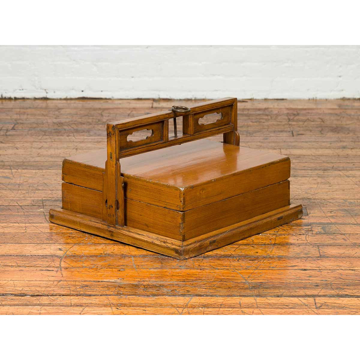 Antique Chinese Wooden Carrying Lunch Box with Pierced Handle-3. Asian &amp; Chinese Furniture, Art, Antiques, Vintage Home Décor for sale at FEA Home