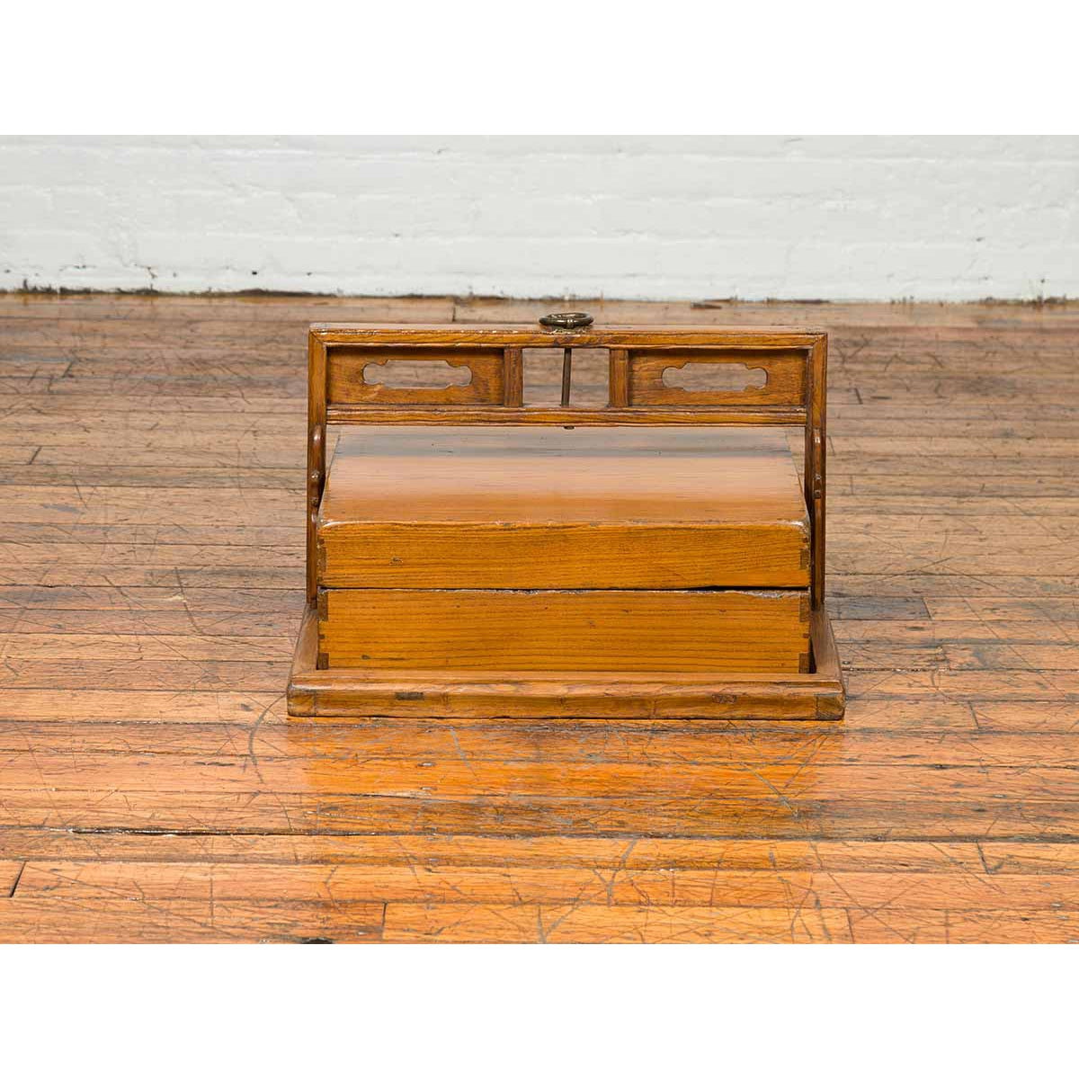 Antique Chinese Wooden Carrying Lunch Box with Pierced Handle-4. Asian &amp; Chinese Furniture, Art, Antiques, Vintage Home Décor for sale at FEA Home