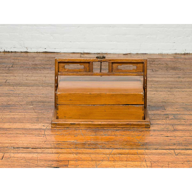 Antique Chinese Wooden Carrying Lunch Box with Pierced Handle-YN6677-4. Asian & Chinese Furniture, Art, Antiques, Vintage Home Décor for sale at FEA Home