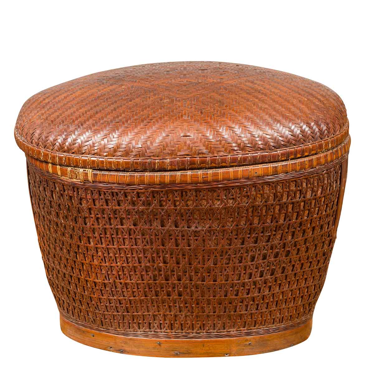 Vintage Chinese Oval Woven Rattan Basket with Lid and Geometric Motifs-1. Asian & Chinese Furniture, Art, Antiques, Vintage Home Décor for sale at FEA Home