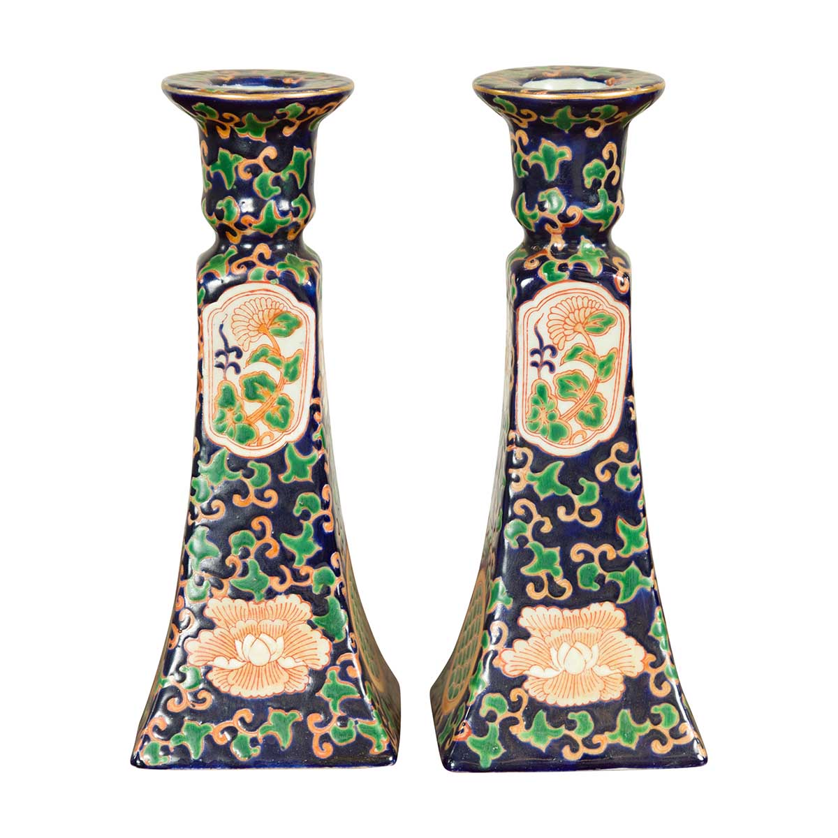 Pair of Chinese Hand Painted Candlesticks with Cobalt Blue Ground and Cartouches-1. Asian & Chinese Furniture, Art, Antiques, Vintage Home Décor for sale at FEA Home