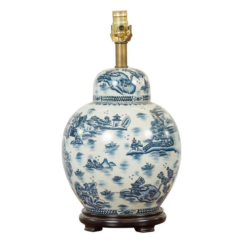 Vintage Chinese Blue and white Porcelain Lamp with Architectures and Landscapes-YN6808-1. Asian & Chinese Furniture, Art, Antiques, Vintage Home Décor for sale at FEA Home