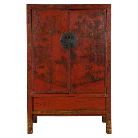 Chinese Qing Dynasty Red Lacquer Cabinet with Hand-Painted Chinoiserie Décor