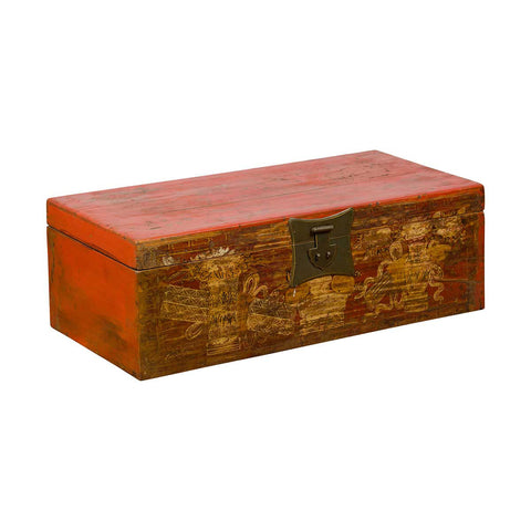 Chinese Vintage Red Lacquered Box with Golden Motifs and Bronze Hardware-YN6633-1. Asian & Chinese Furniture, Art, Antiques, Vintage Home Décor for sale at FEA Home