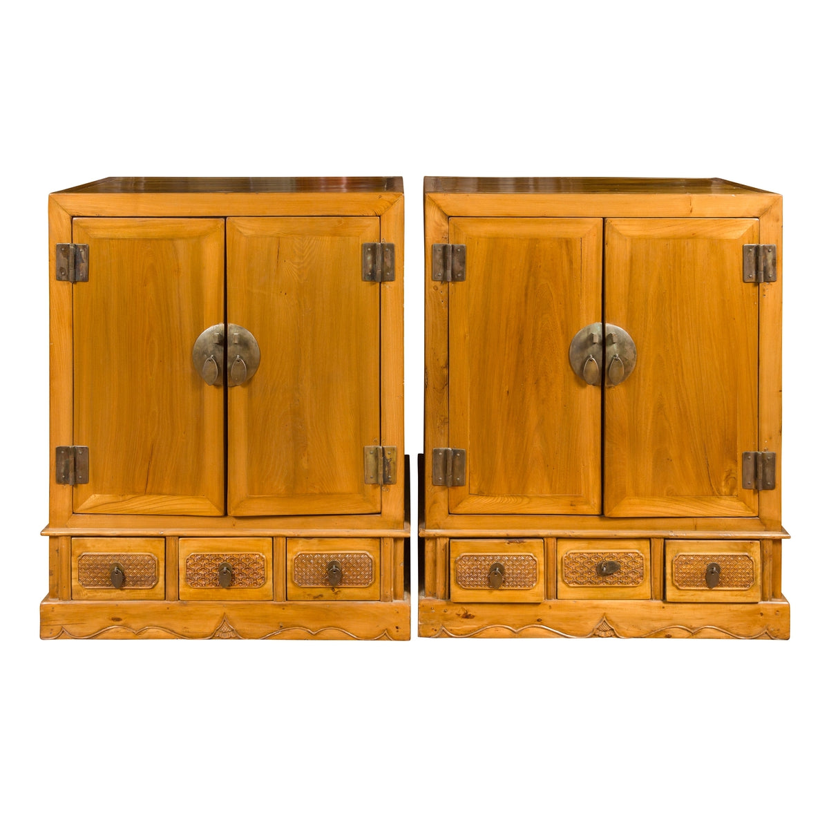 Pair of Chinese Qing Dynasty Carved Yumu Wood Cabinets with Doors and Drawers-1. Asian & Chinese Furniture, Art, Antiques, Vintage Home Décor for sale at FEA Home