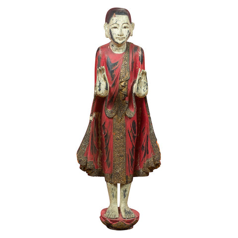 Thai Carved and Painted Wooden Monk Statue with Dispelling of Fear Gesture-YN6935-1. Asian & Chinese Furniture, Art, Antiques, Vintage Home Décor for sale at FEA Home