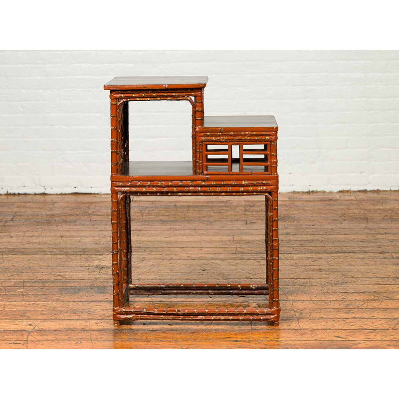 Vintage Lacquered Chinese Tiered Bamboo Lamp Table with Geometric Motifs-YN6674-6. Asian & Chinese Furniture, Art, Antiques, Vintage Home Décor for sale at FEA Home