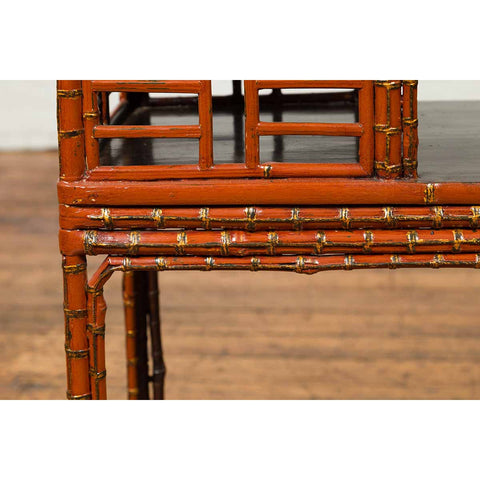 Vintage Lacquered Chinese Tiered Bamboo Lamp Table with Geometric Motifs-YN6674-12. Asian & Chinese Furniture, Art, Antiques, Vintage Home Décor for sale at FEA Home