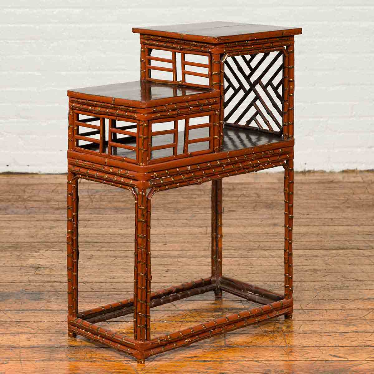 Vintage Lacquered Chinese Tiered Bamboo Lamp Table with Geometric Motifs-2. Asian & Chinese Furniture, Art, Antiques, Vintage Home Décor for sale at FEA Home