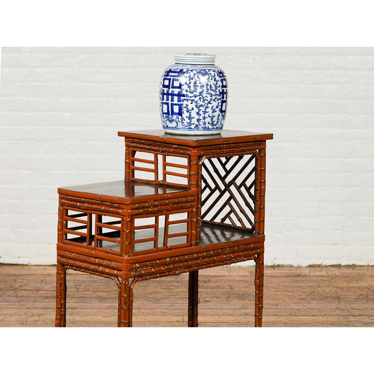 Vintage Lacquered Chinese Tiered Bamboo Lamp Table with Geometric Motifs-4. Asian &amp; Chinese Furniture, Art, Antiques, Vintage Home Décor for sale at FEA Home