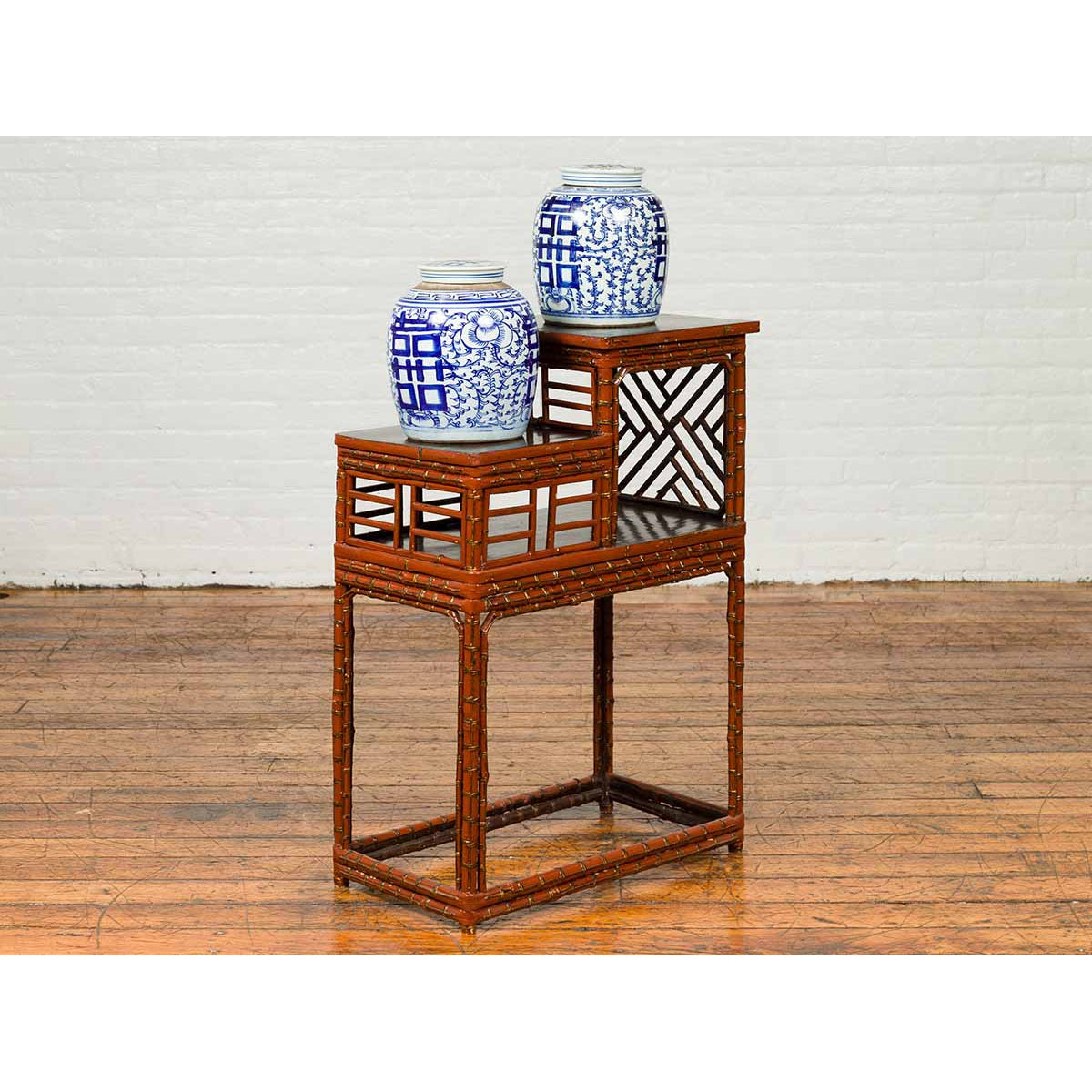 Vintage Lacquered Chinese Tiered Bamboo Lamp Table with Geometric Motifs-3. Asian &amp; Chinese Furniture, Art, Antiques, Vintage Home Décor for sale at FEA Home