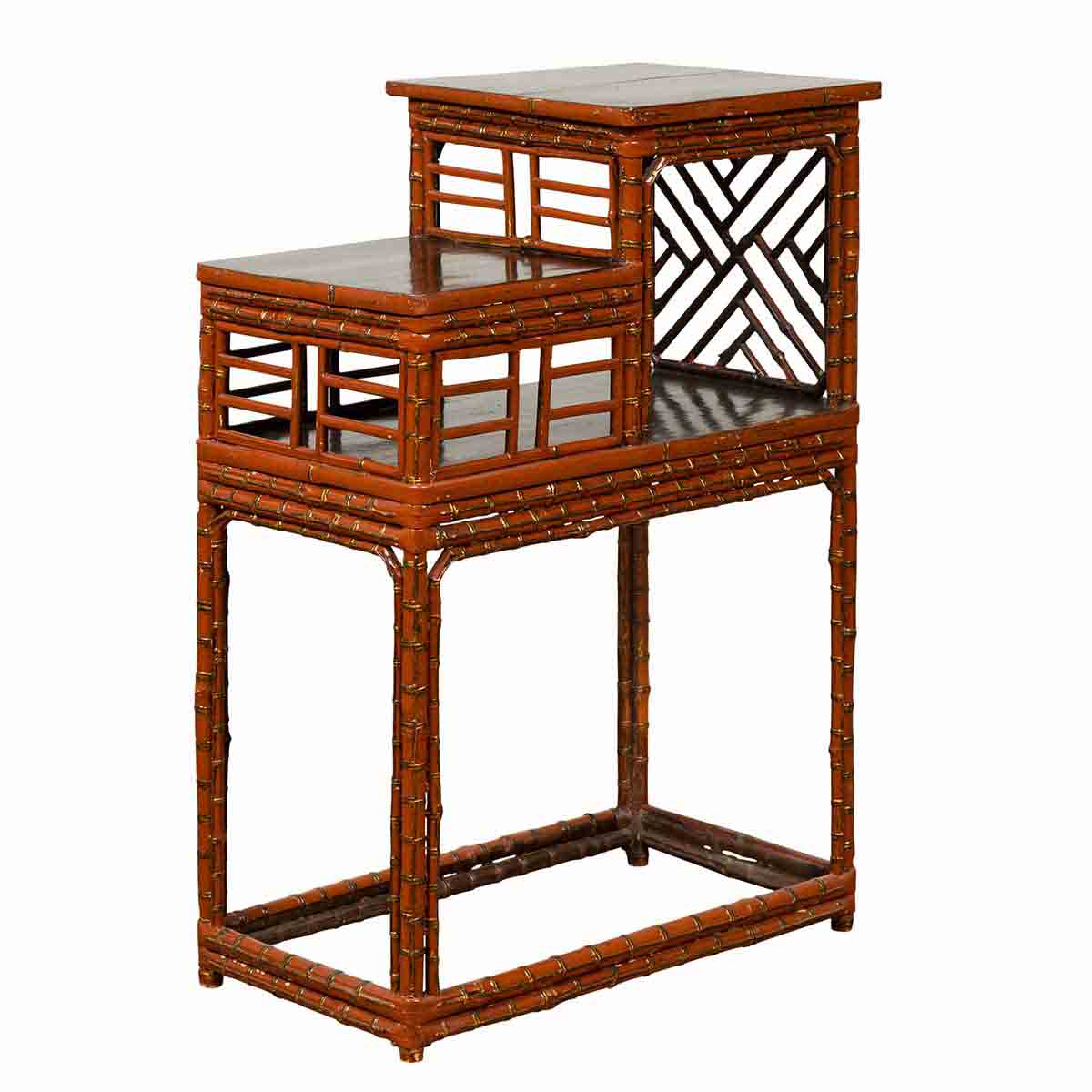 Vintage Lacquered Chinese Tiered Bamboo Lamp Table with Geometric Motifs-1. Asian & Chinese Furniture, Art, Antiques, Vintage Home Décor for sale at FEA Home
