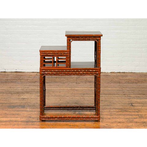 Vintage Lacquered Chinese Tiered Bamboo Lamp Table with Geometric Motifs-YN6674-8. Asian & Chinese Furniture, Art, Antiques, Vintage Home Décor for sale at FEA Home