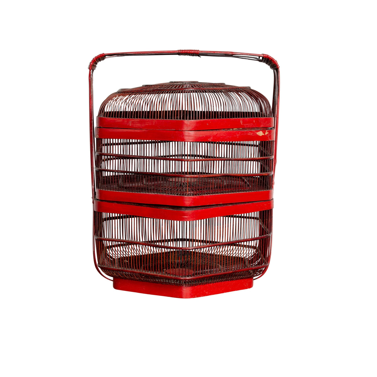 Vintage Chinese Red Lacquered Bird Cage with Handle and Hexagonal Base-1. Asian & Chinese Furniture, Art, Antiques, Vintage Home Décor for sale at FEA Home