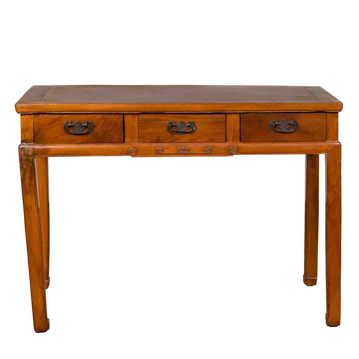 Vintage Chinese Elm Desk with Three Drawers, Iron Hardware and Swirling Motifs-1. Asian & Chinese Furniture, Art, Antiques, Vintage Home Décor for sale at FEA Home