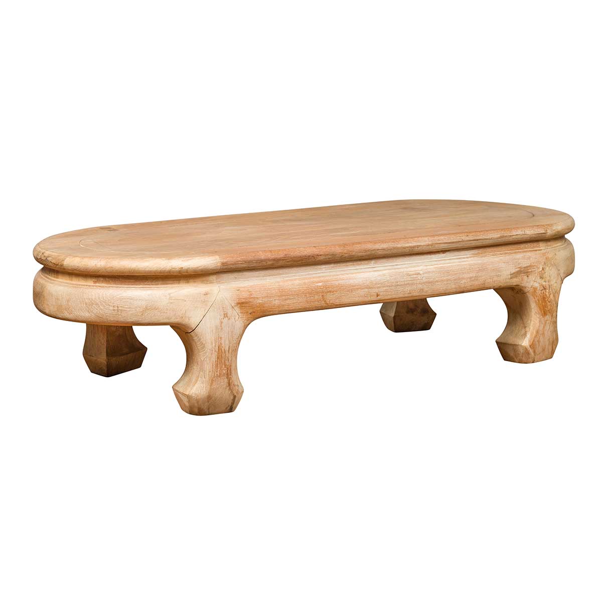 Vintage Thai Teak Oval Top Coffee Table with Whitewash Finish and Chow Legs-1. Asian & Chinese Furniture, Art, Antiques, Vintage Home Décor for sale at FEA Home