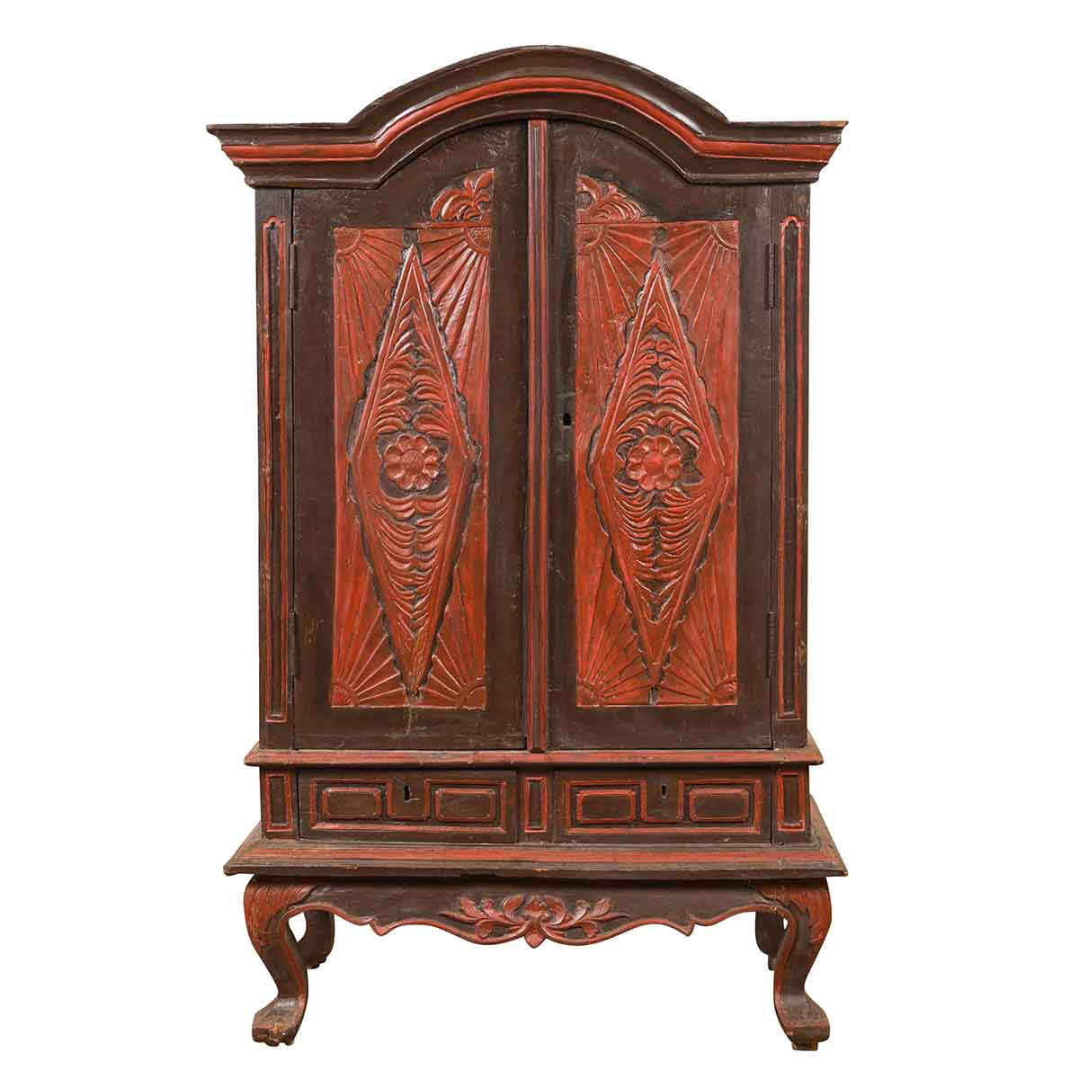 Dutch Colonial Late 19th Century Bonnet Top Cabinet with Carved Doors and Apron-1. Asian & Chinese Furniture, Art, Antiques, Vintage Home Décor for sale at FEA Home