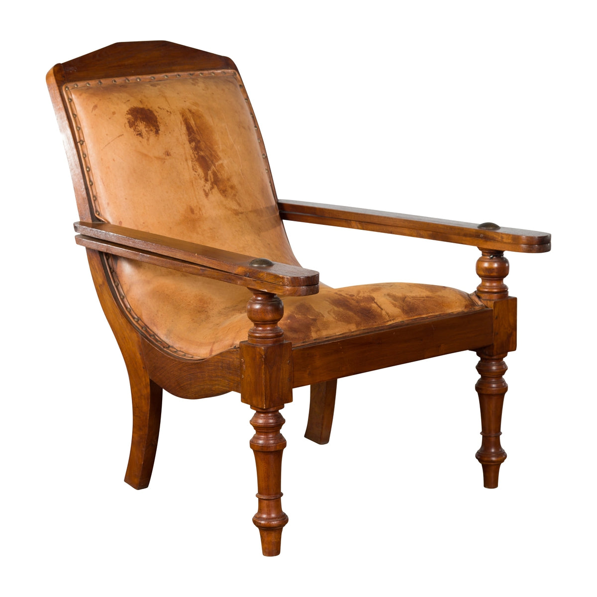 Dutch Colonial Early 20th Century Plantation Lounge Chair with Brown Leather-1. Asian & Chinese Furniture, Art, Antiques, Vintage Home Décor for sale at FEA Home