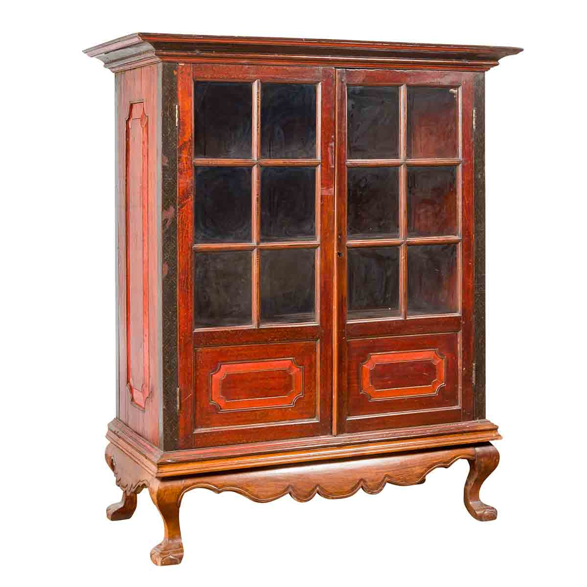 Dutch Colonial Antique Lacquered Wood Cabinet with Glass Doors and Cabriole Legs-1. Asian & Chinese Furniture, Art, Antiques, Vintage Home Décor for sale at FEA Home