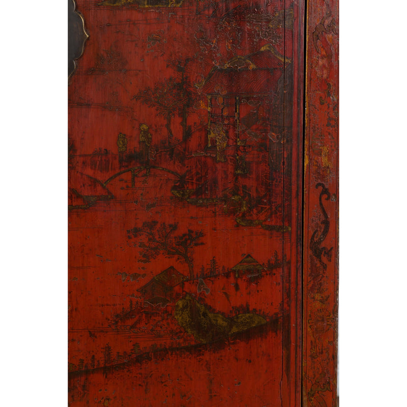 Chinese Qing Dynasty Red Lacquer Cabinet with Hand-Painted Chinoiserie Décor - Antique and Vintage Asian Furniture for Sale at FEA Home
