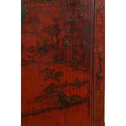 Chinese Qing Dynasty Red Lacquer Cabinet with Hand-Painted Chinoiserie Décor