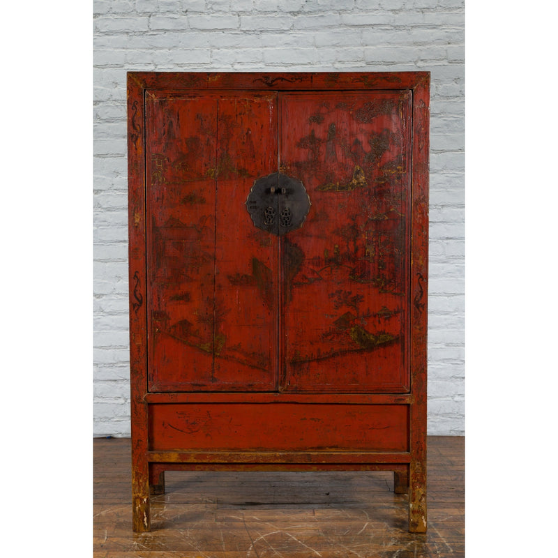 Chinese Qing Dynasty Red Lacquer Cabinet with Hand-Painted Chinoiserie Décor - Antique and Vintage Asian Furniture for Sale at FEA Home
