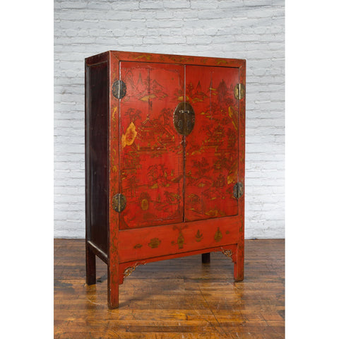 Chinese Qing Dynasty 19th Century Chinoiserie Cabinet with Original Red Lacquer