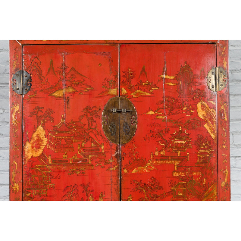 Chinese Qing Dynasty 19th Century Chinoiserie Cabinet with Original Red Lacquer - Antique and Vintage Asian Furniture for Sale at FEA Home