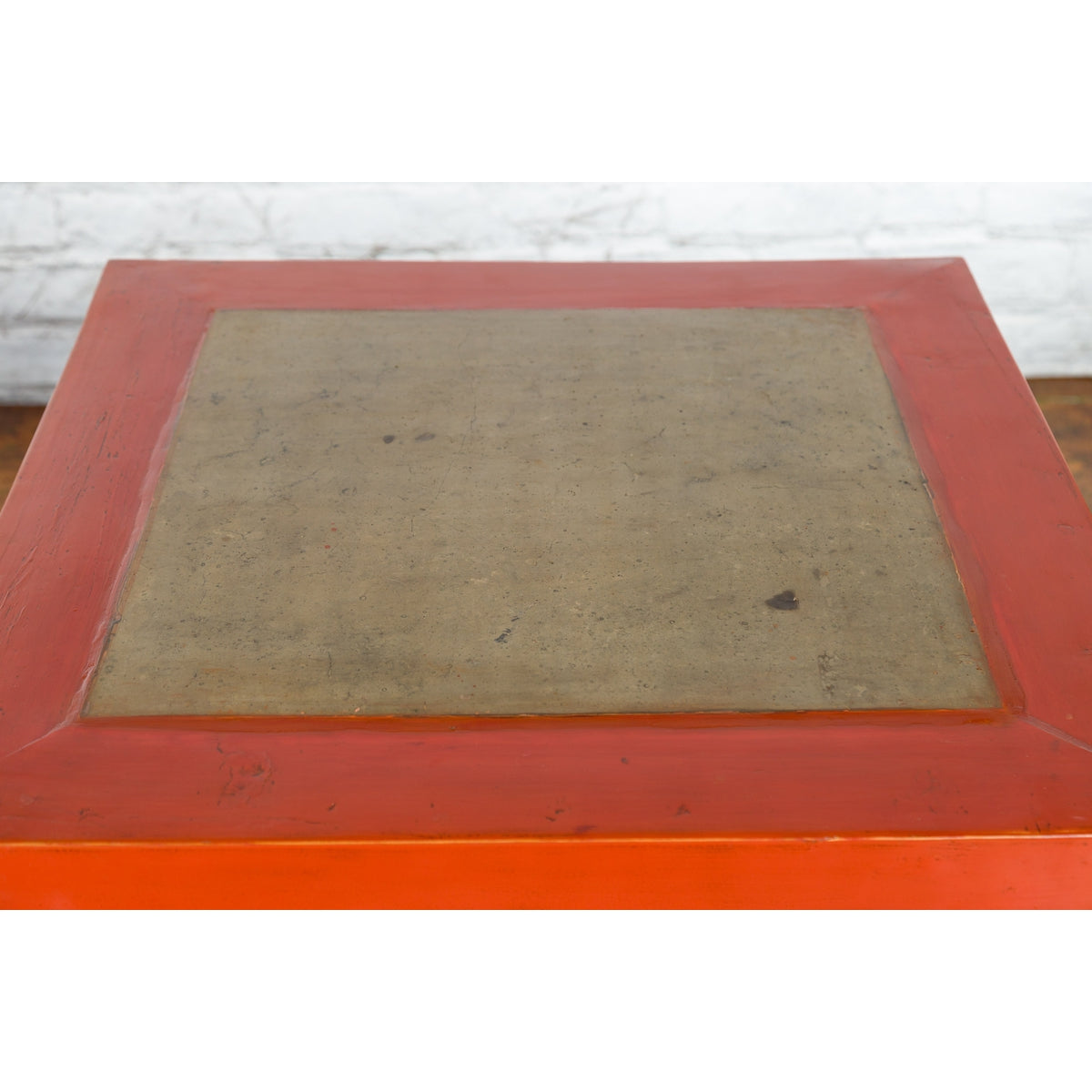 Pair of Chinese Red Lacquered Cube Side Tables with Ming Dynasty Marble Tops-10. Asian &amp; Chinese Furniture, Art, Antiques, Vintage Home Décor for sale at FEA Home