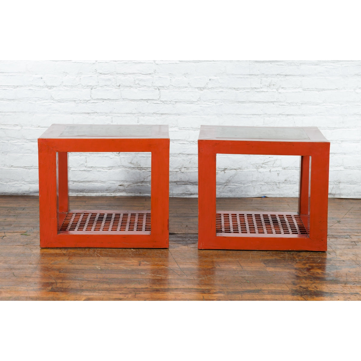 Pair of Chinese Red Lacquered Cube Side Tables with Ming Dynasty Marble Tops-2. Asian & Chinese Furniture, Art, Antiques, Vintage Home Décor for sale at FEA Home