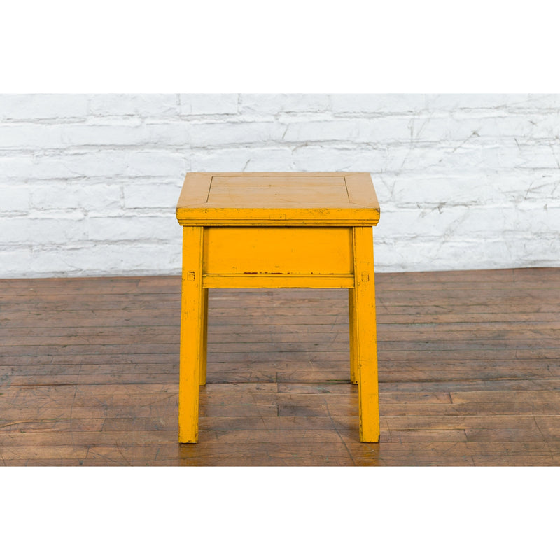 Chinese Vintage Yellow Lacquer Side Table with One Drawer and Distressed Finish - Antique and Vintage Asian Furniture for Sale at FEA Home