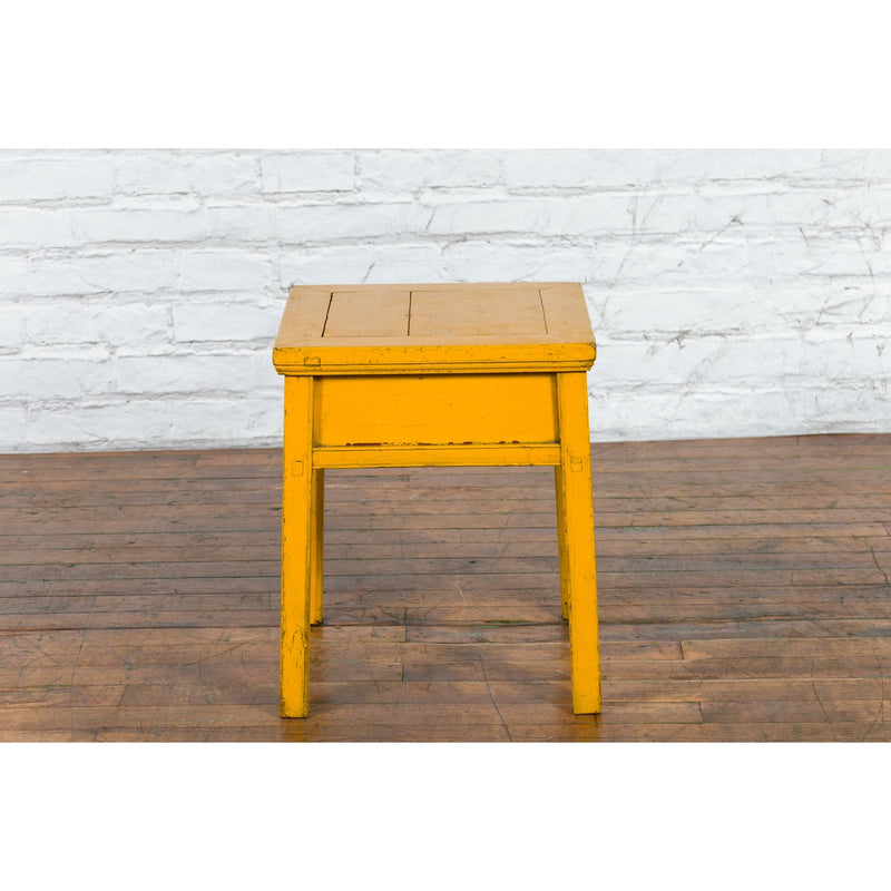 Chinese Vintage Yellow Lacquer Side Table with One Drawer and Distressed Finish - Antique and Vintage Asian Furniture for Sale at FEA Home