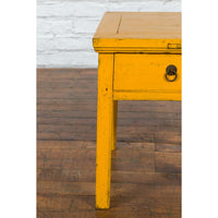 Chinese Vintage Yellow Lacquer Side Table with One Drawer and Distressed Finish