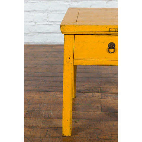 Chinese Vintage Yellow Lacquer Side Table with One Drawer and Distressed Finish