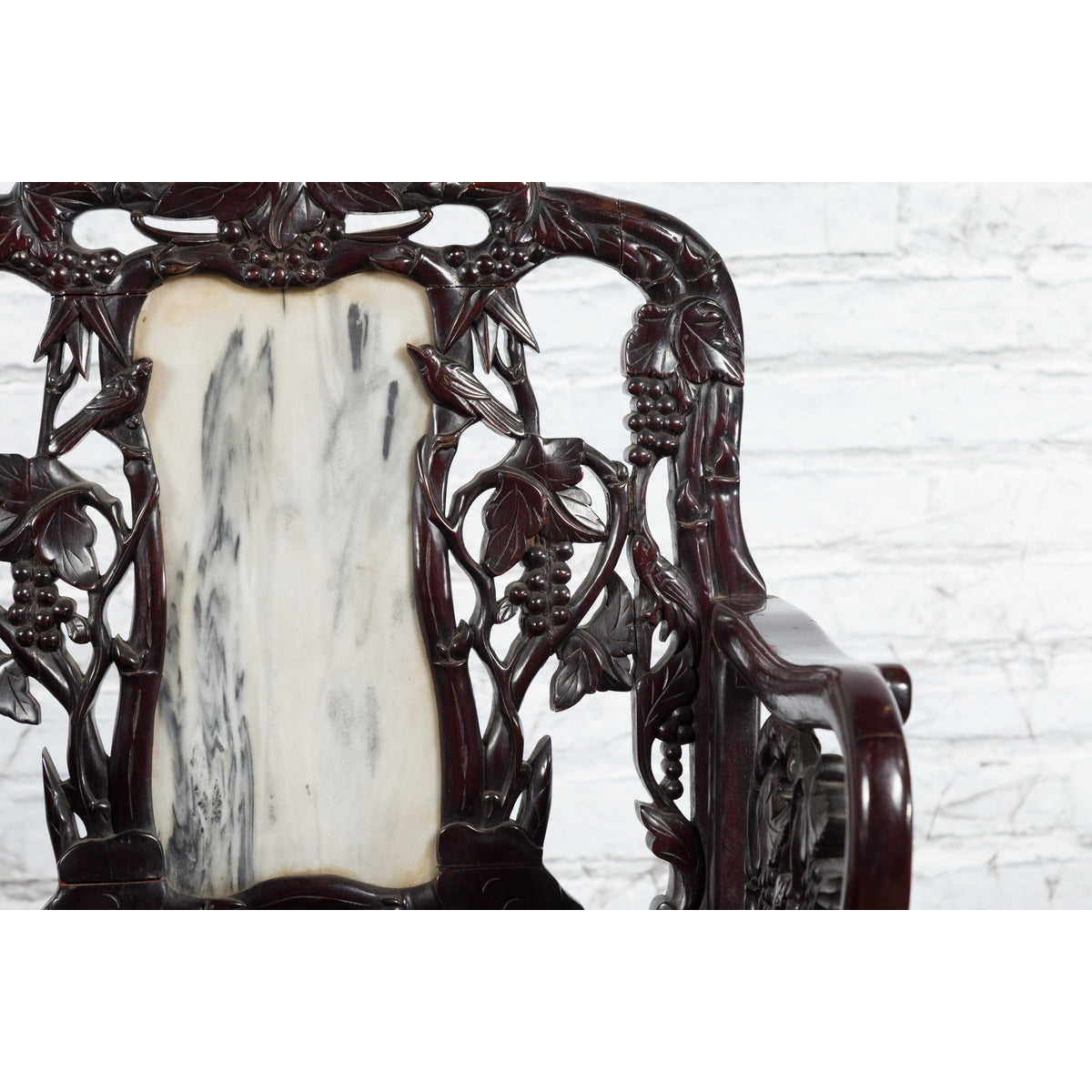 Pair of Chinese Hand Carved Rosewood Armchairs with Marble Splat and Dark Patina-13. Asian &amp; Chinese Furniture, Art, Antiques, Vintage Home Décor for sale at FEA Home
